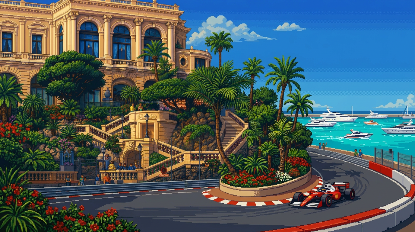 Pixel-art Monaco street circuit: the casino, palms and harbour, with a red F1 car taking the hairpin
